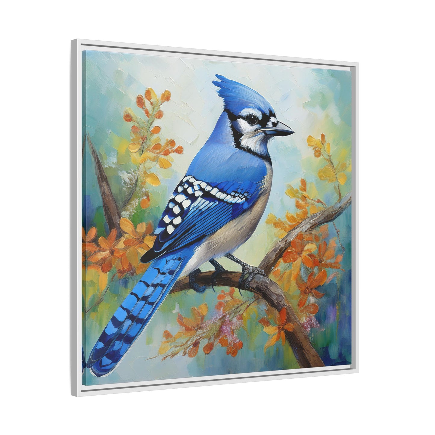 Blue Jay Bird Oil Painting Framed Canvas for Bird Lovers Home Decor, Indoor Wall Art, Wall Print, Bird Art, Living Room Wall Art