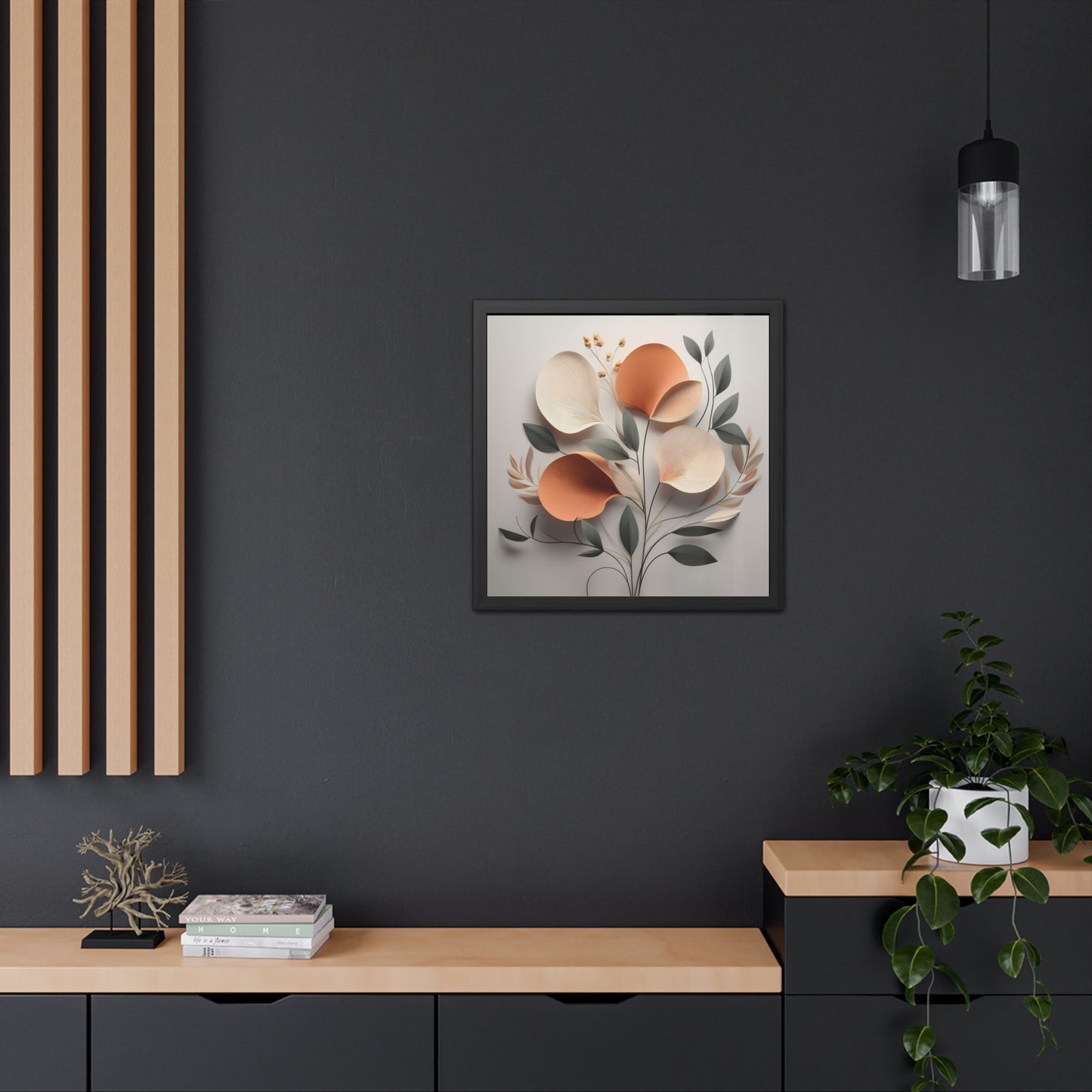 Floral wall art print, minimalist floral square framed print, modern botanical decor, orange and neutral tones
