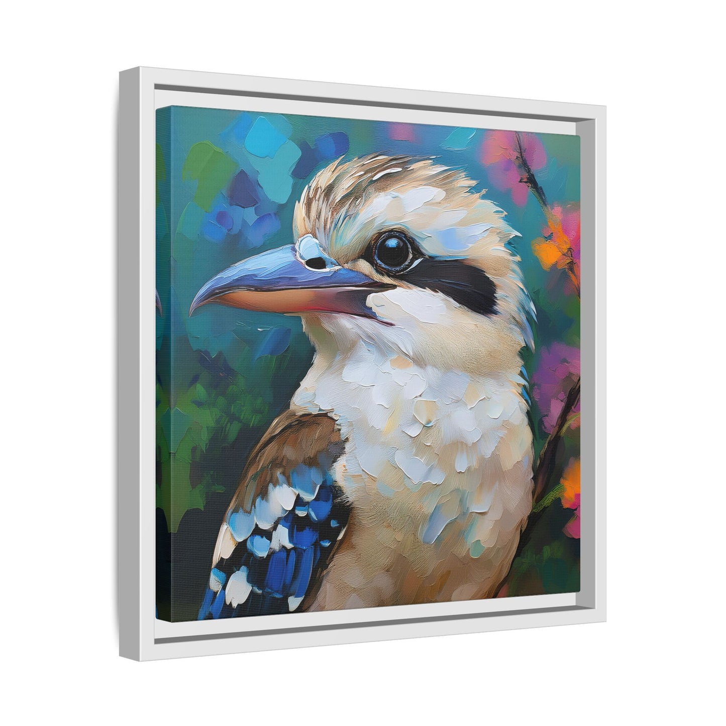 Kookaburra Australian Bird Oil Painting Framed Canvas Wall Art Print - Square Frame, Gallery Wrap, Bird Art, Home Decor, Gift for Bird