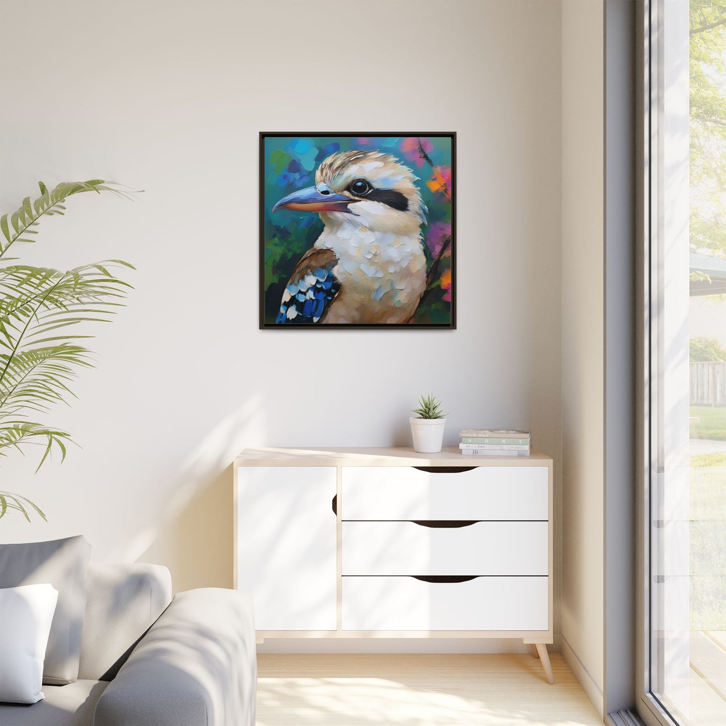 Kookaburra Australian Bird Oil Painting Framed Canvas Wall Art Print - Square Frame, Gallery Wrap, Bird Art, Home Decor, Gift for Bird