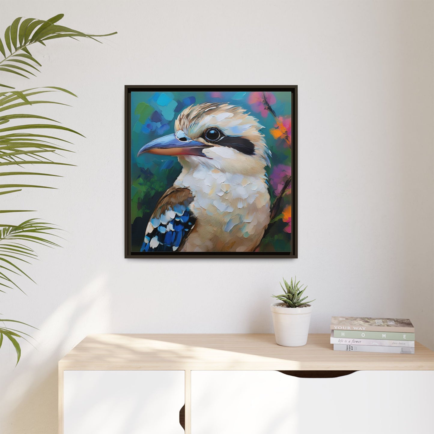 Kookaburra Australian Bird Oil Painting Framed Canvas Wall Art Print - Square Frame, Gallery Wrap, Bird Art, Home Decor, Gift for Bird