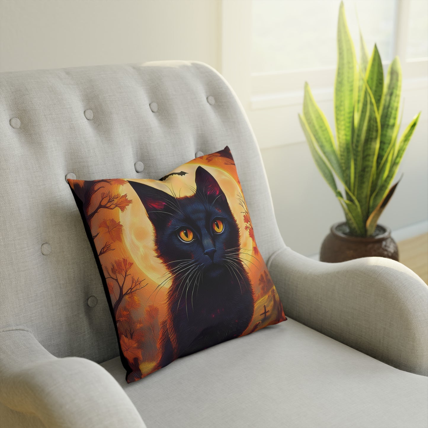 Halloween Spooky Black Cat Pumpkin Patch Seasonal Cushion