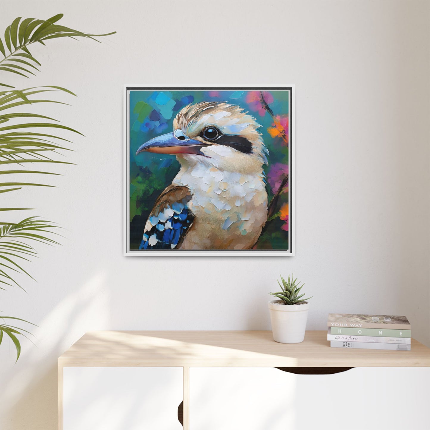 Kookaburra Australian Bird Oil Painting Framed Canvas Wall Art Print - Square Frame, Gallery Wrap, Bird Art, Home Decor, Gift for Bird