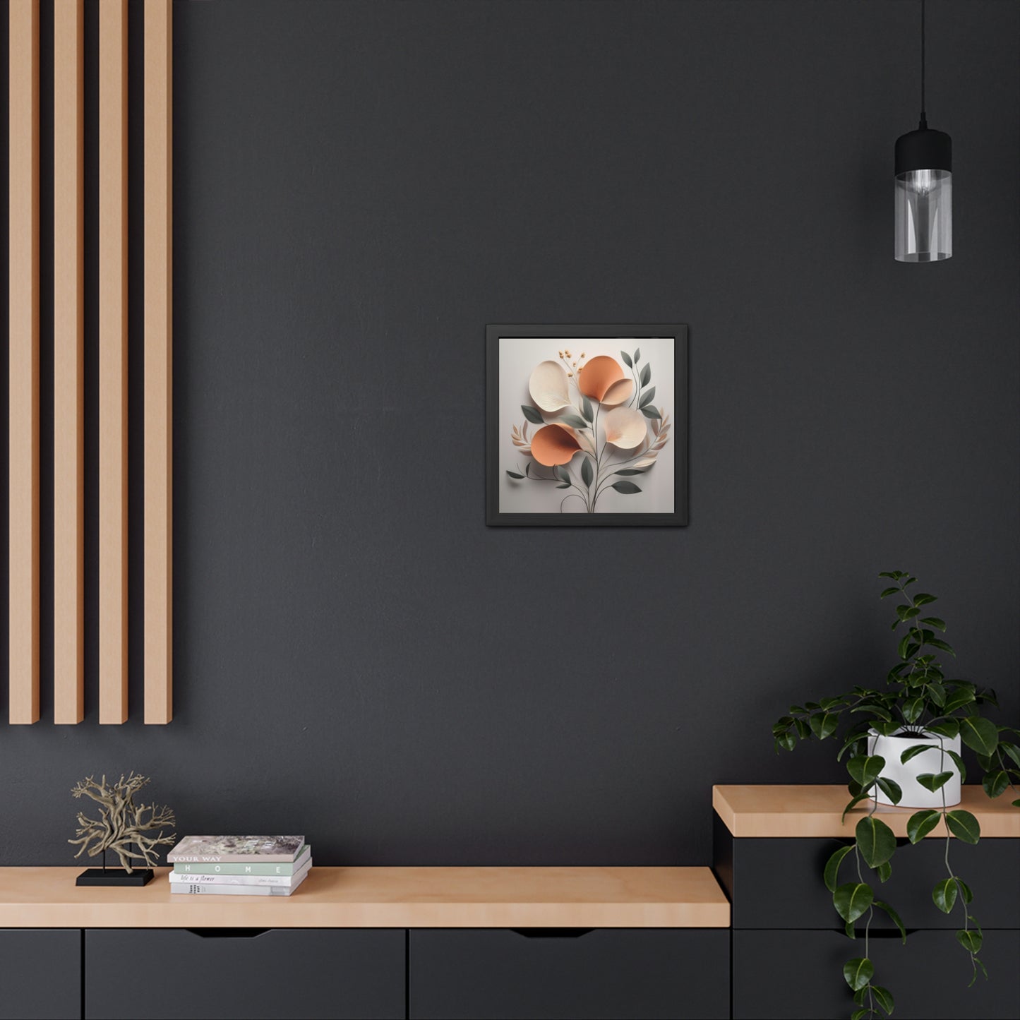 Floral wall art print, minimalist floral square framed print, modern botanical decor, orange and neutral tones