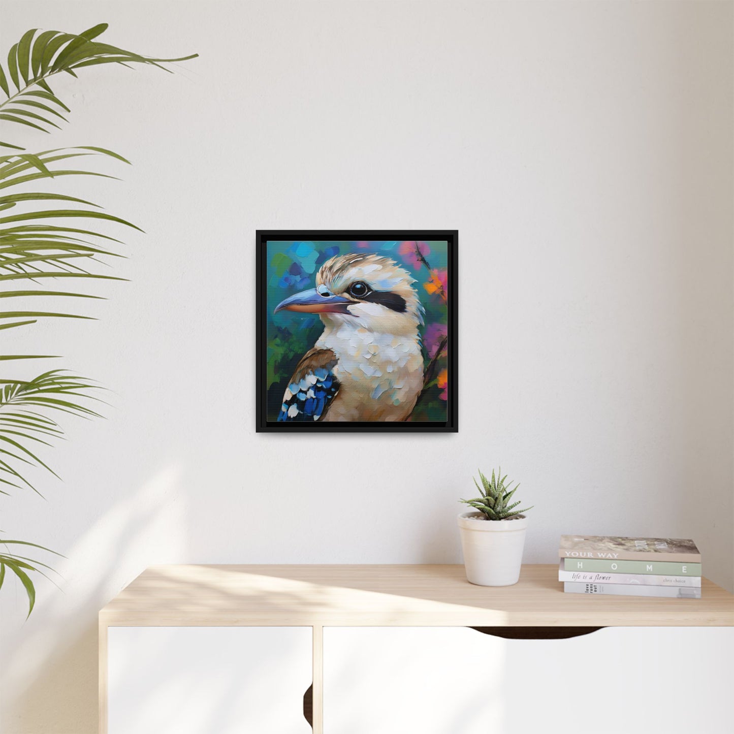 Kookaburra Australian Bird Oil Painting Framed Canvas Wall Art Print - Square Frame, Gallery Wrap, Bird Art, Home Decor, Gift for Bird