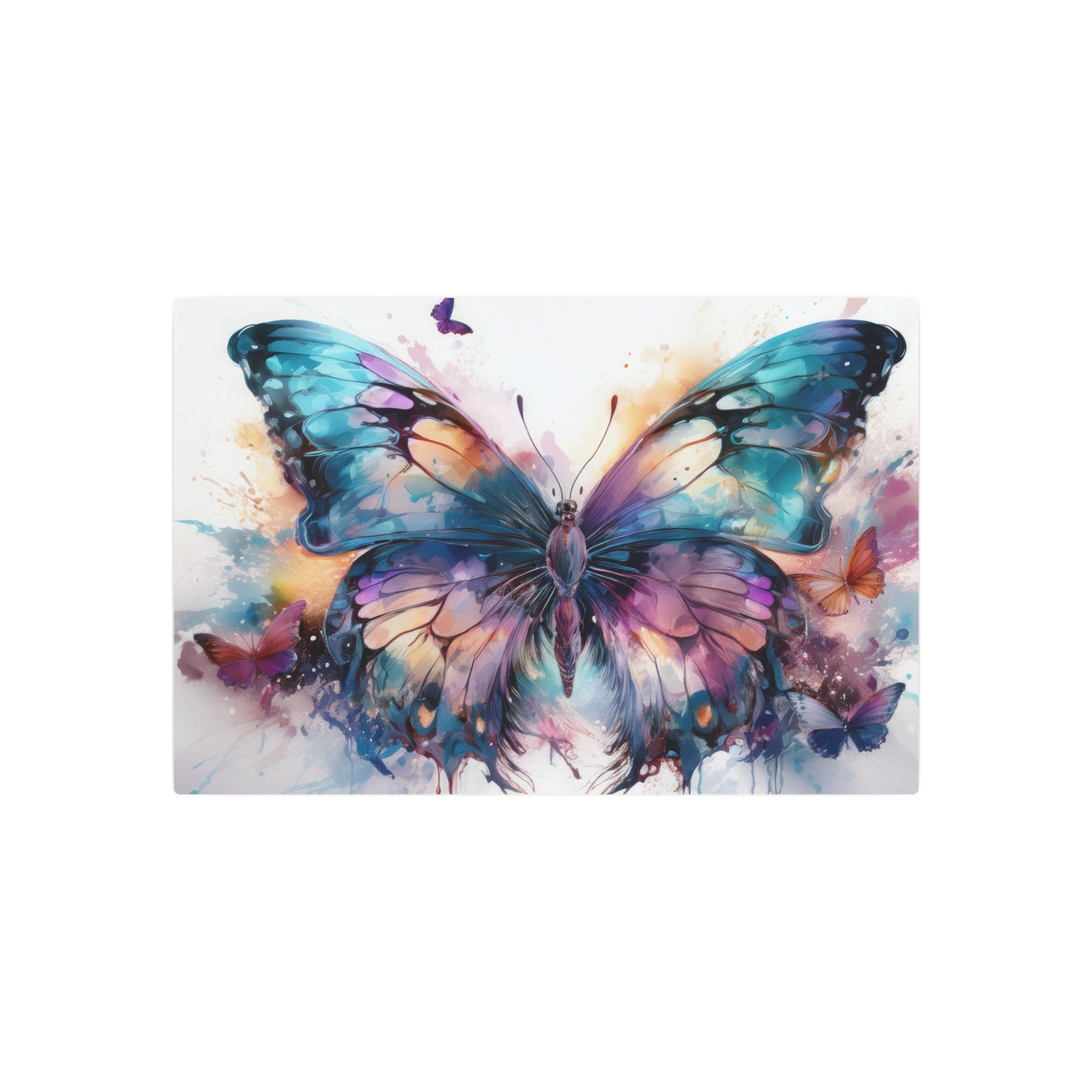 Butterfly Teal and Purple Ink Watercolor Metal Art Sign Print