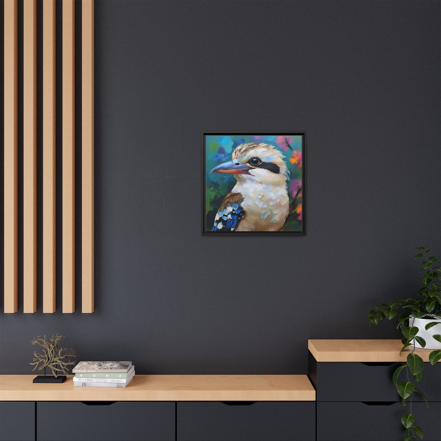 Kookaburra Australian Bird Oil Painting Framed Canvas Wall Art Print - Square Frame, Gallery Wrap, Bird Art, Home Decor, Gift for Bird