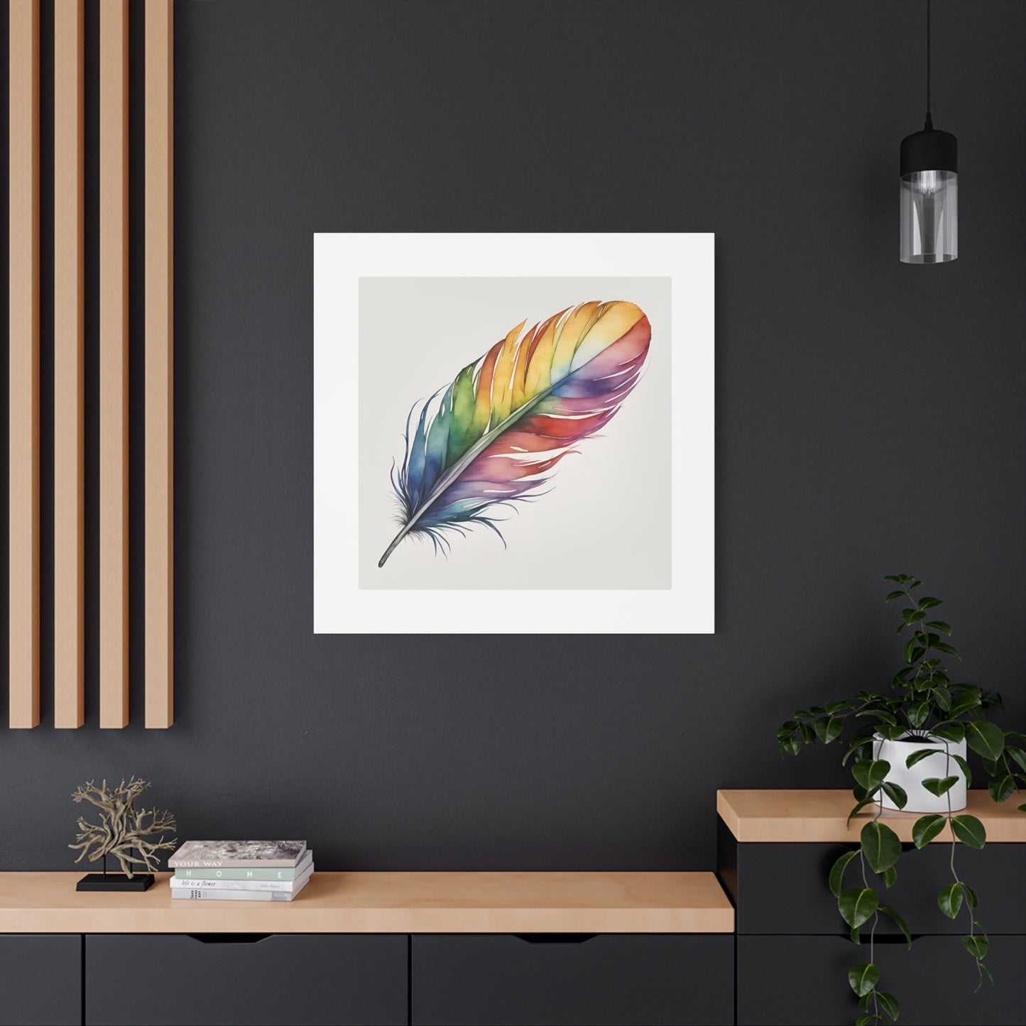 Rainbow Single Feather Watercolor Canvas Wall Art | Wall Print