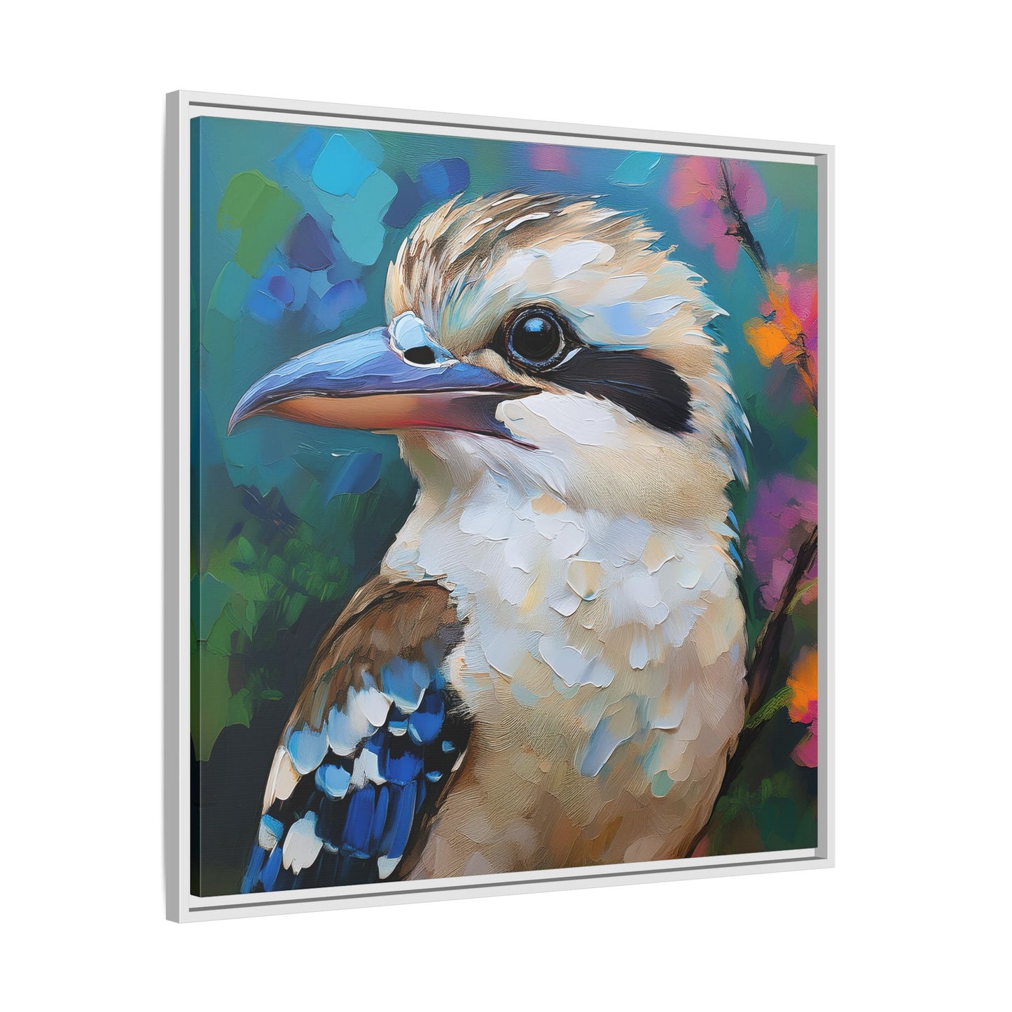 Kookaburra Australian Bird Oil Painting Framed Canvas Wall Art Print - Square Frame, Gallery Wrap, Bird Art, Home Decor, Gift for Bird