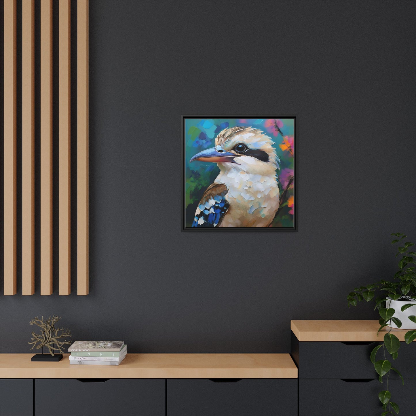Kookaburra Australian Bird Oil Painting Framed Canvas Wall Art Print - Square Frame, Gallery Wrap, Bird Art, Home Decor, Gift for Bird