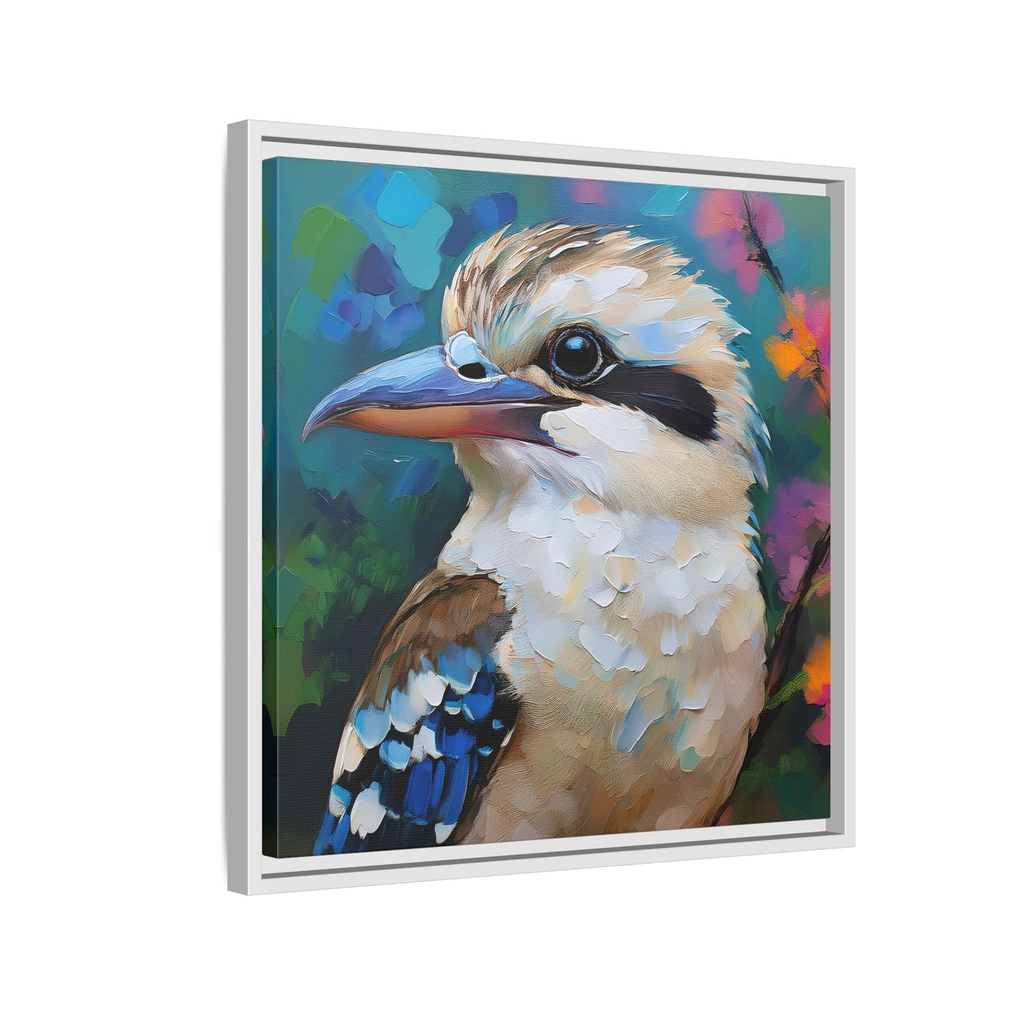 Kookaburra Australian Bird Oil Painting Framed Canvas Wall Art Print - Square Frame, Gallery Wrap, Bird Art, Home Decor, Gift for Bird