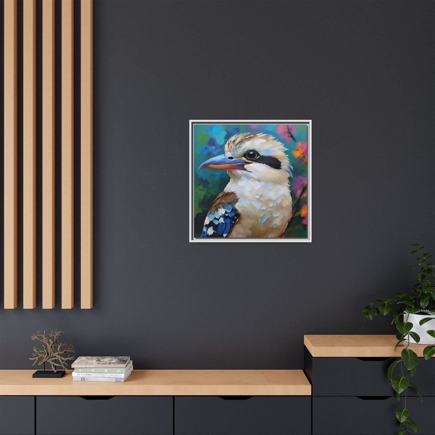 Kookaburra Australian Bird Oil Painting Framed Canvas Wall Art Print - Square Frame, Gallery Wrap, Bird Art, Home Decor, Gift for Bird