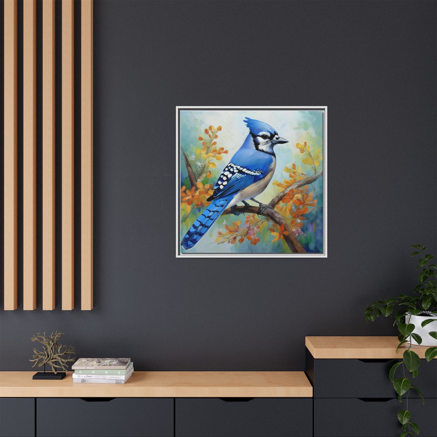 Blue Jay Bird Oil Painting Framed Canvas for Bird Lovers Home Decor, Indoor Wall Art, Wall Print, Bird Art, Living Room Wall Art
