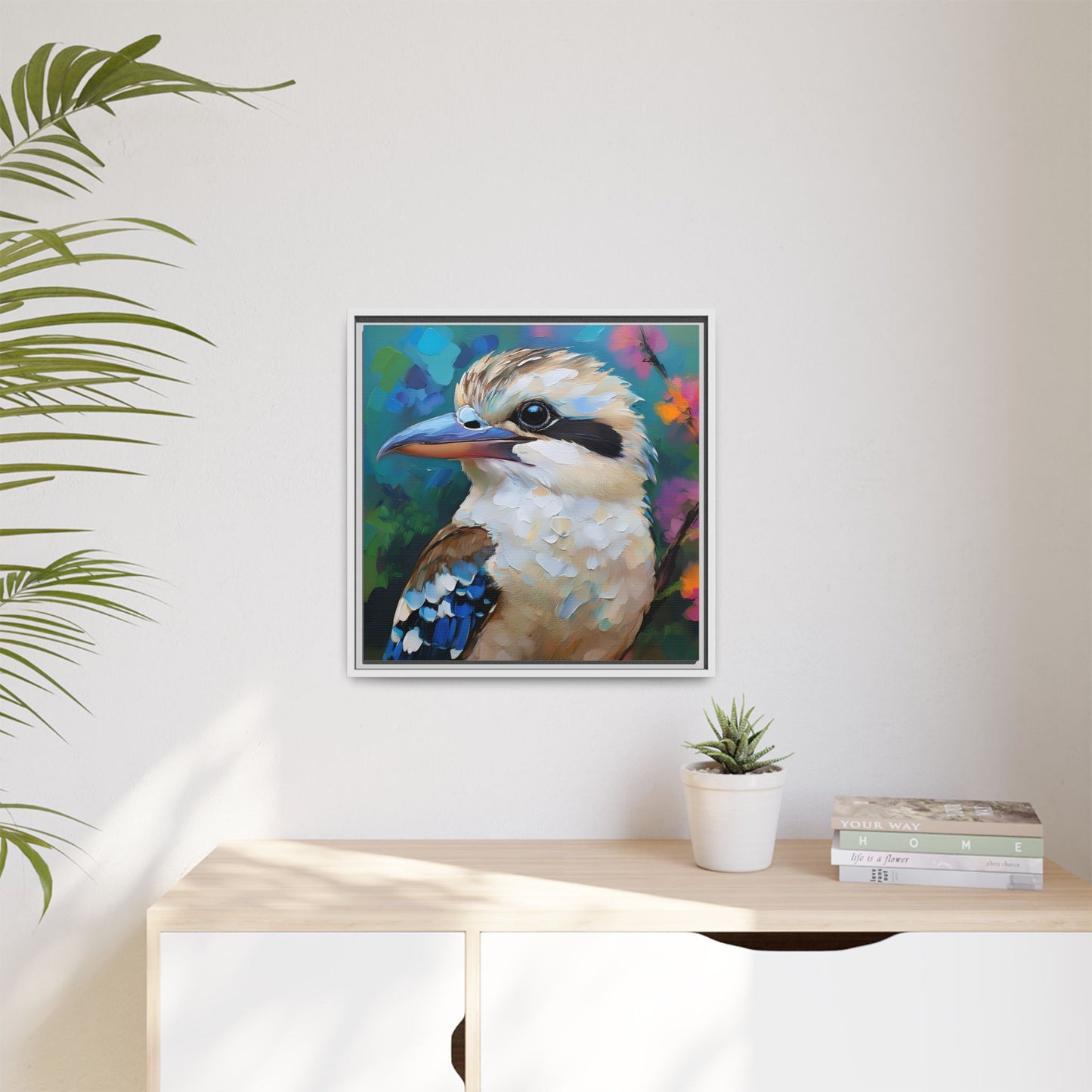 Kookaburra Australian Bird Oil Painting Framed Canvas Wall Art Print - Square Frame, Gallery Wrap, Bird Art, Home Decor, Gift for Bird