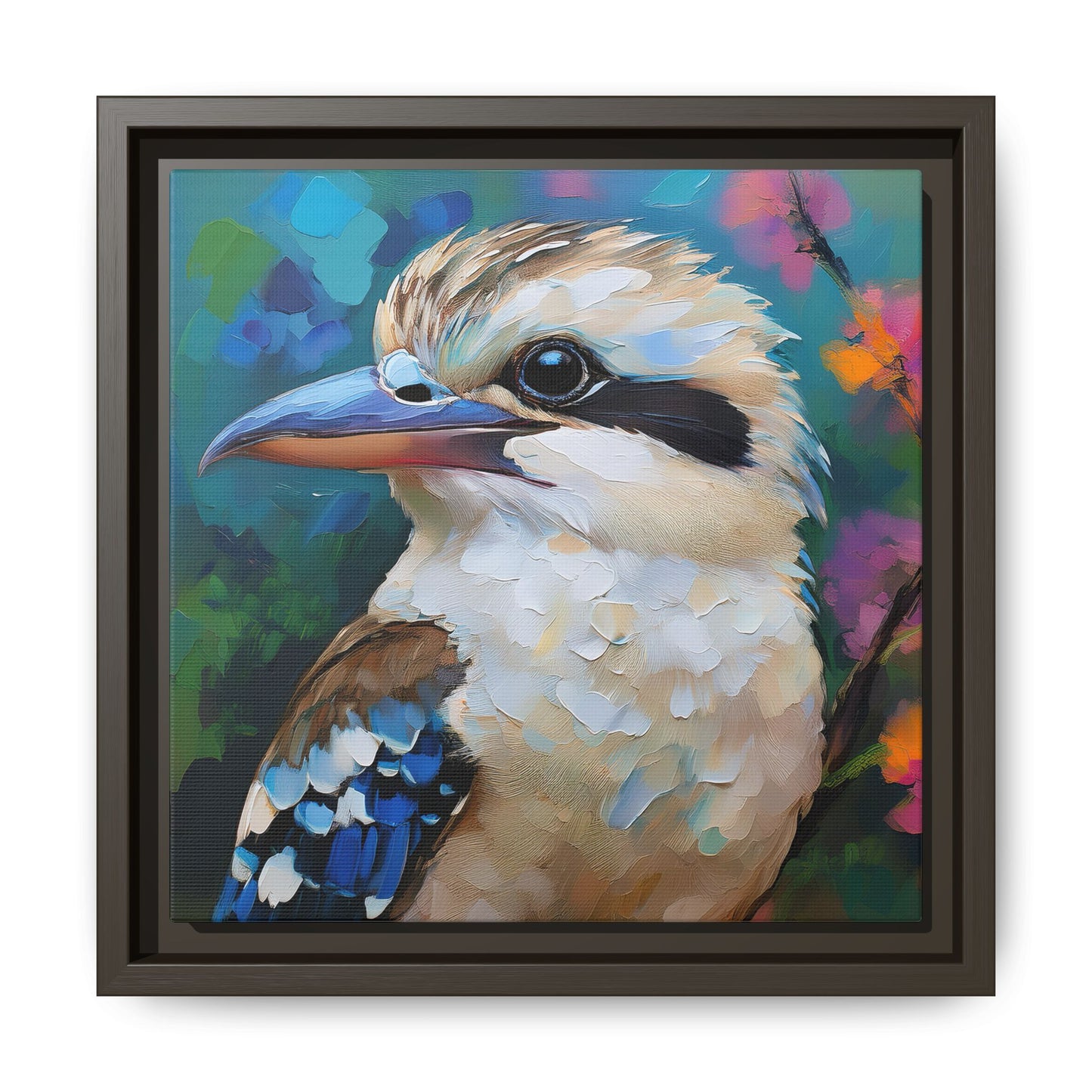 Kookaburra Australian Bird Oil Painting Framed Canvas Wall Art Print - Square Frame, Gallery Wrap, Bird Art, Home Decor, Gift for Bird