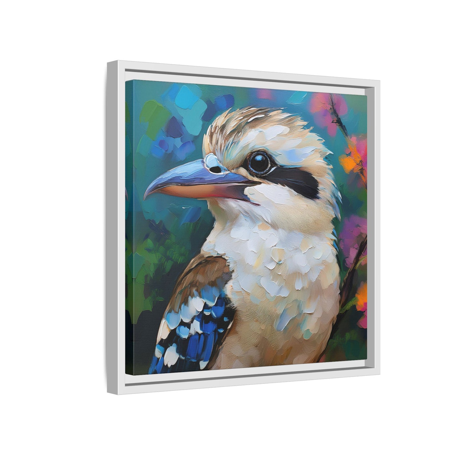 Kookaburra Australian Bird Oil Painting Framed Canvas Wall Art Print - Square Frame, Gallery Wrap, Bird Art, Home Decor, Gift for Bird
