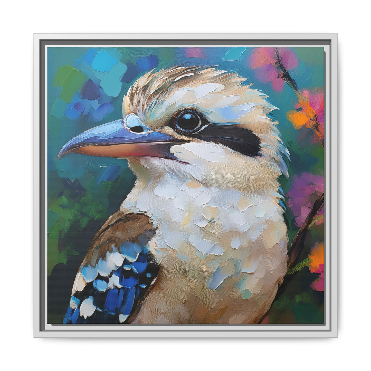 Kookaburra Australian Bird Oil Painting Framed Canvas Wall Art Print - Square Frame, Gallery Wrap, Bird Art, Home Decor, Gift for Bird