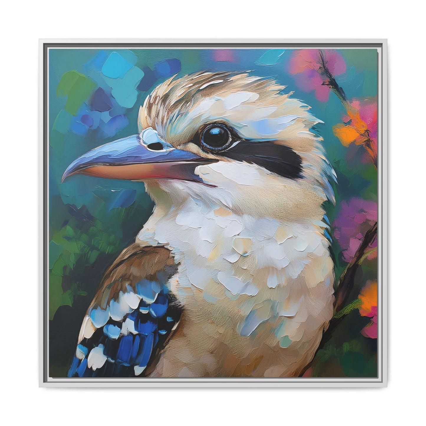 Kookaburra Australian Bird Oil Painting Framed Canvas Wall Art Print - Square Frame, Gallery Wrap, Bird Art, Home Decor, Gift for Bird
