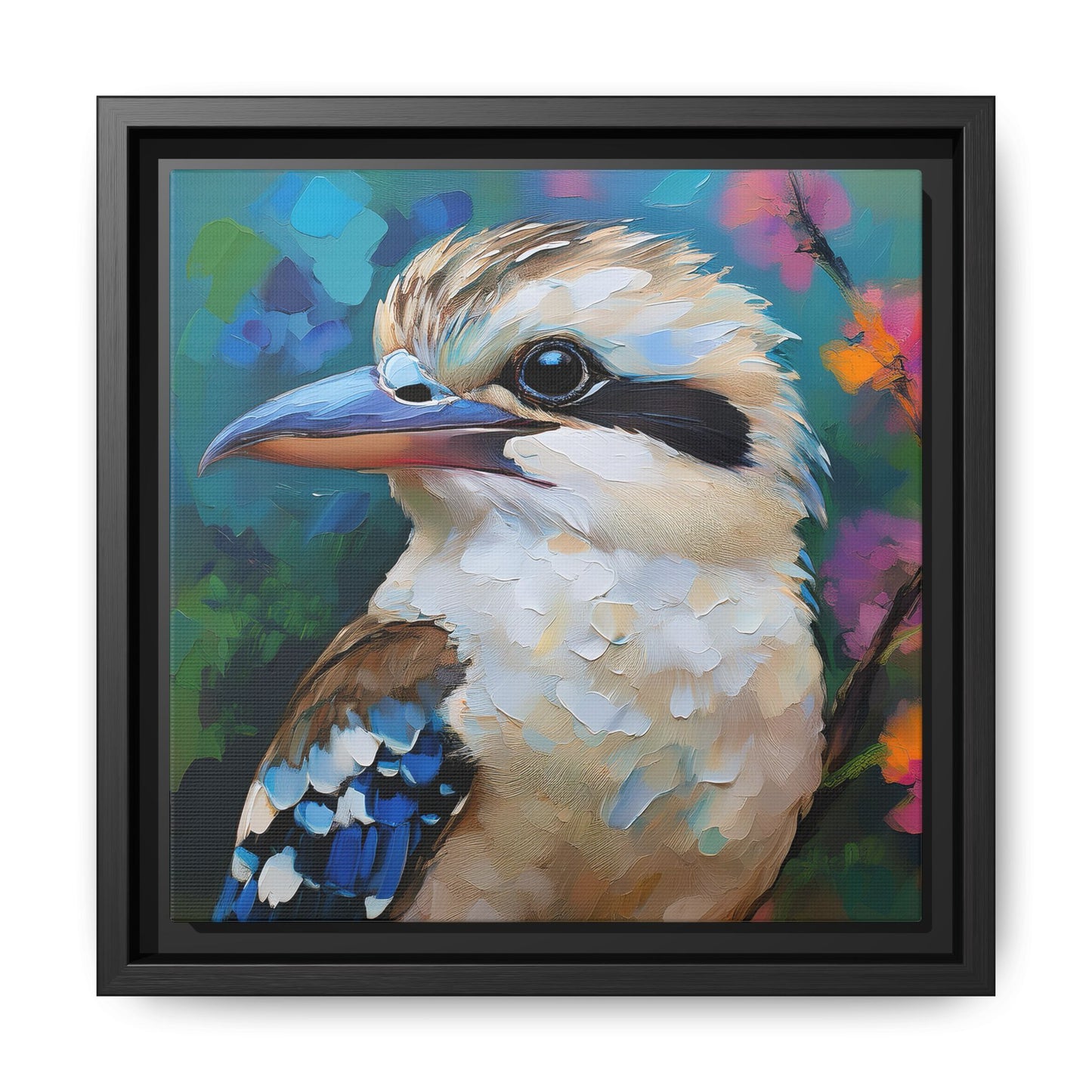 Kookaburra Australian Bird Oil Painting Framed Canvas Wall Art Print - Square Frame, Gallery Wrap, Bird Art, Home Decor, Gift for Bird