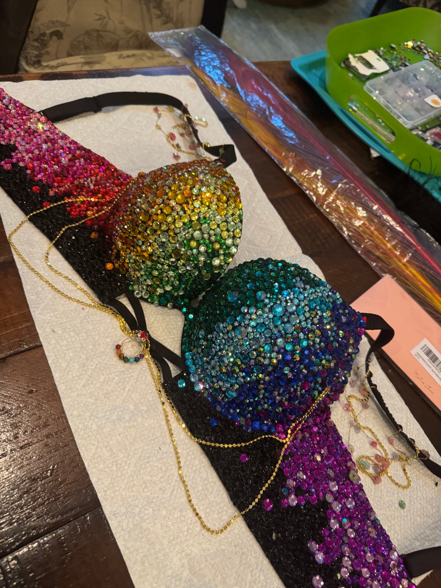 Custom Handmade Rainbow Ombre Rhinestone Festival Corset Bra, Sparkle Rave Top, Mermaid Peacock Costume, EDM Pride Outfit with Chains