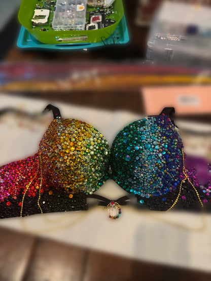 Custom Handmade Rainbow Ombre Rhinestone Festival Corset Bra, Sparkle Rave Top, Mermaid Peacock Costume, EDM Pride Outfit with Chains