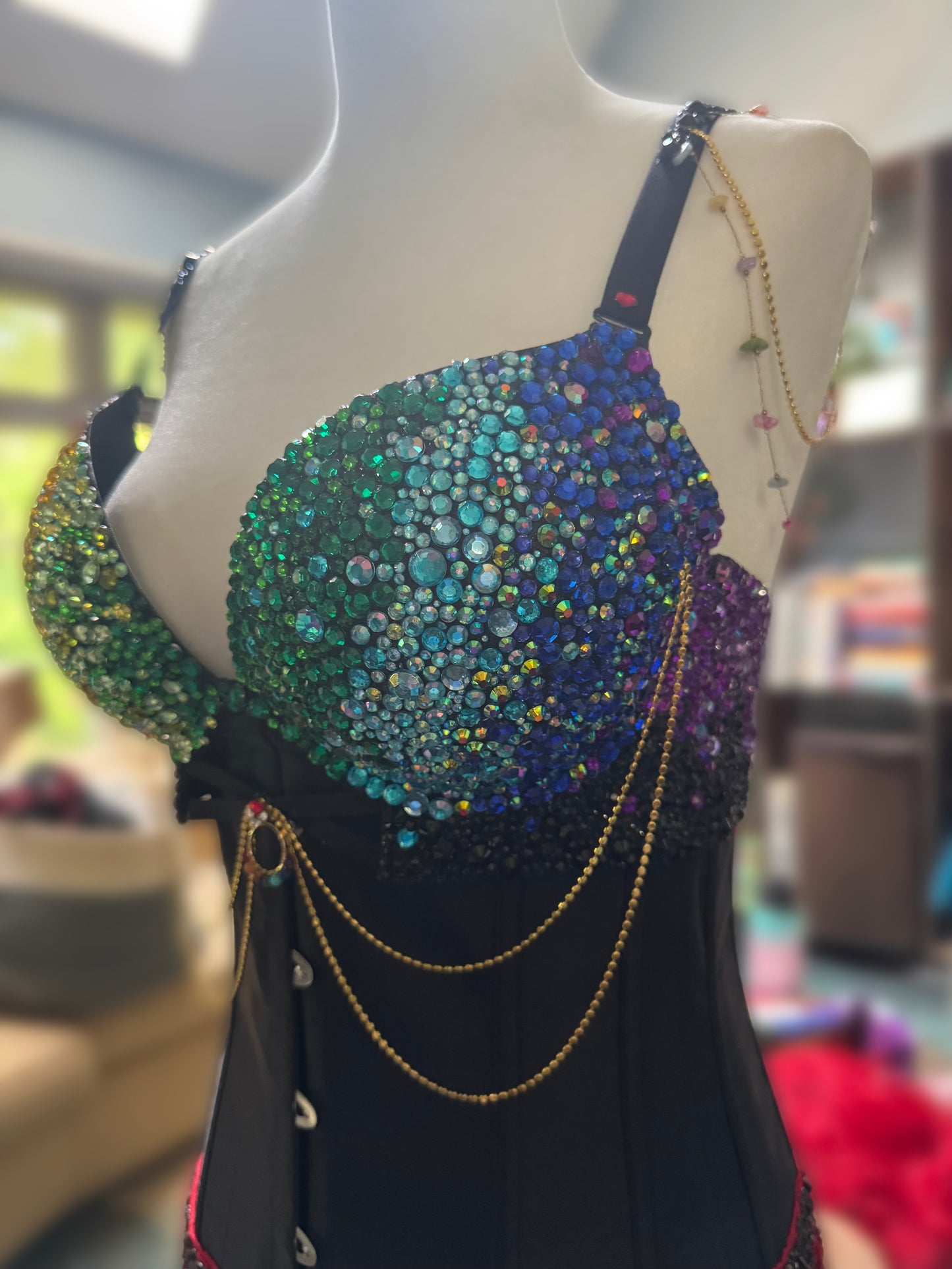 Custom Handmade Rainbow Ombre Rhinestone Festival Corset Bra, Sparkle Rave Top, Mermaid Peacock Costume, EDM Pride Outfit with Chains