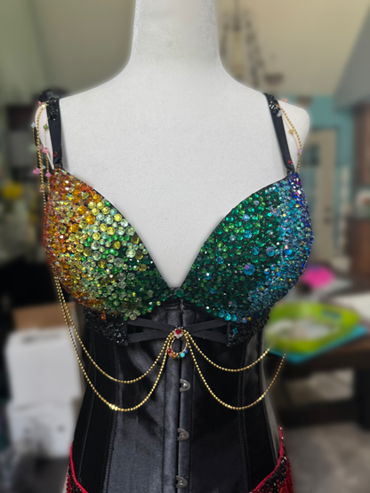 Custom Handmade Rainbow Ombre Rhinestone Festival Corset Bra, Sparkle Rave Top, Mermaid Peacock Costume, EDM Pride Outfit with Chains