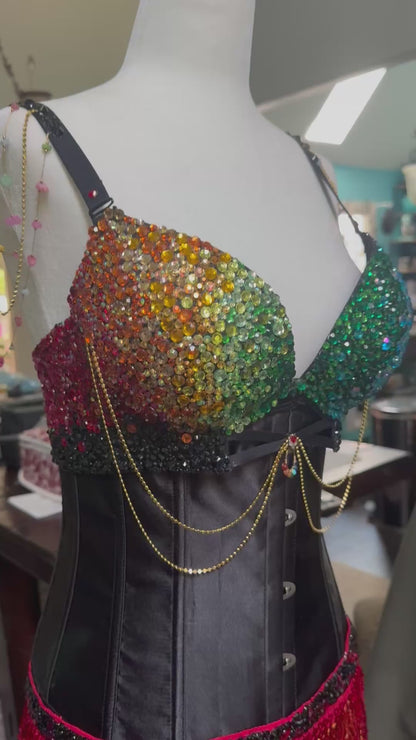 Custom Handmade Rainbow Ombre Rhinestone Festival Corset Bra, Sparkle Rave Top, Mermaid Peacock Costume, EDM Pride Outfit with Chains